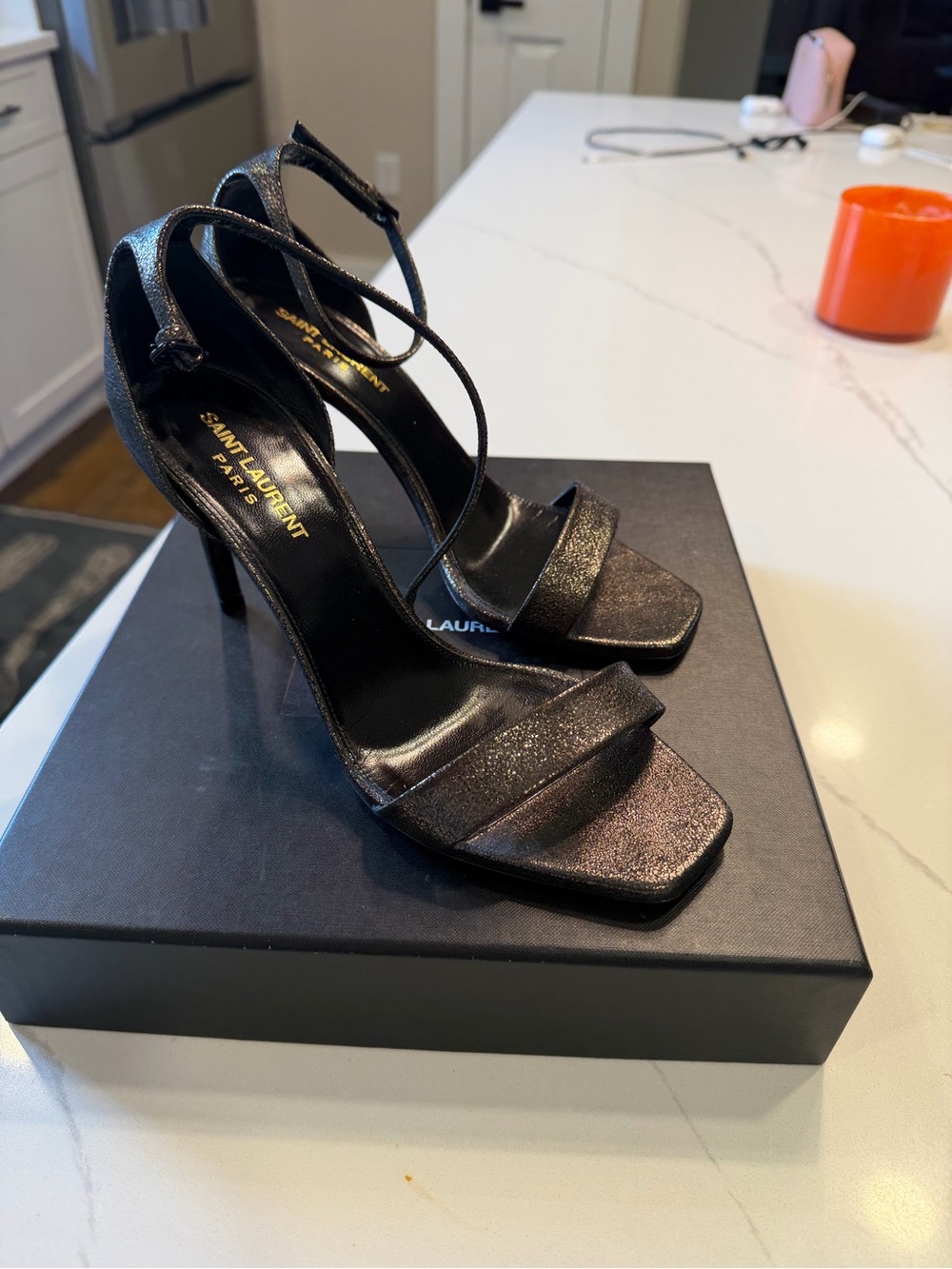 Saint Laurent Metallic Black Strappy Stiletto Sandals